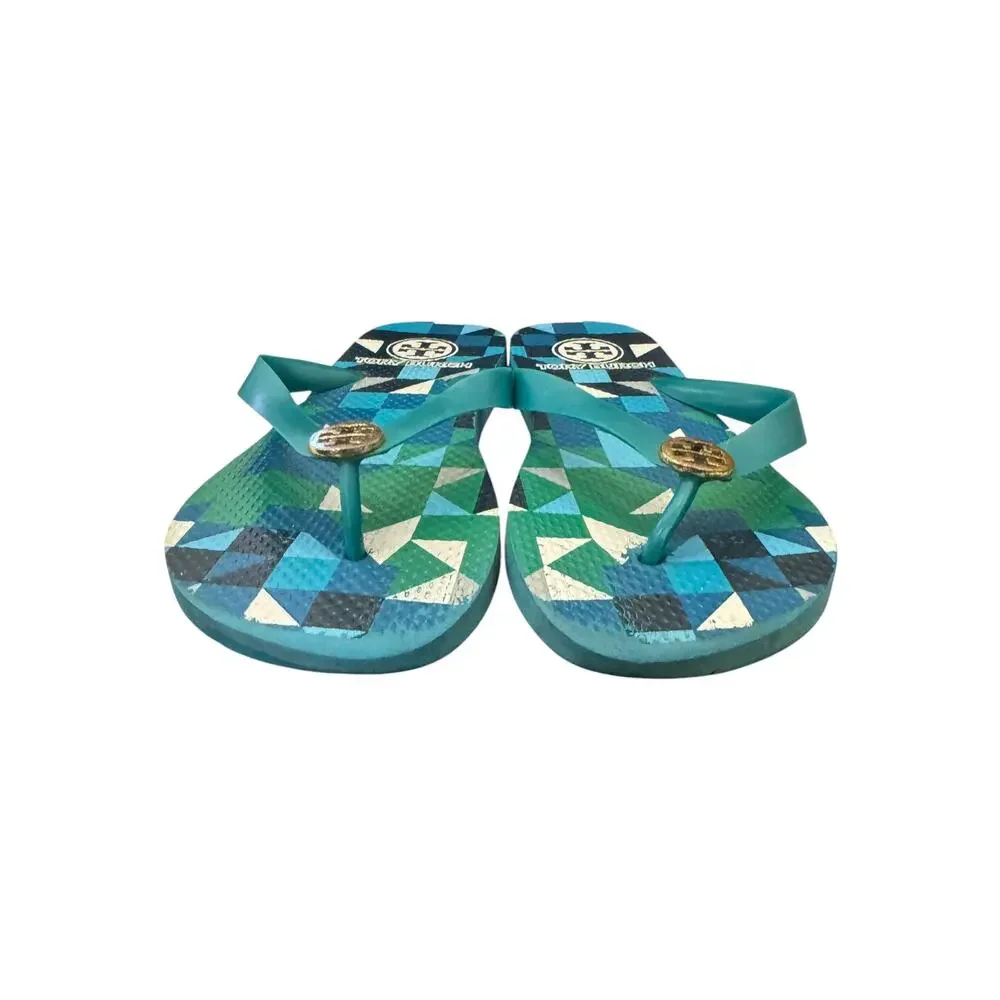 Tory Burch Chelsea Geometric Thin Flip Flops Blue Green Gold Logo Sz 6